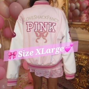 PINK x LoveShackFancy Varsity Jacket Reissued Boyfriend XL X Large Bow New